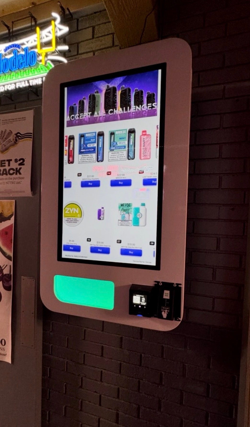 Wall-mounted vending machine inside a bar